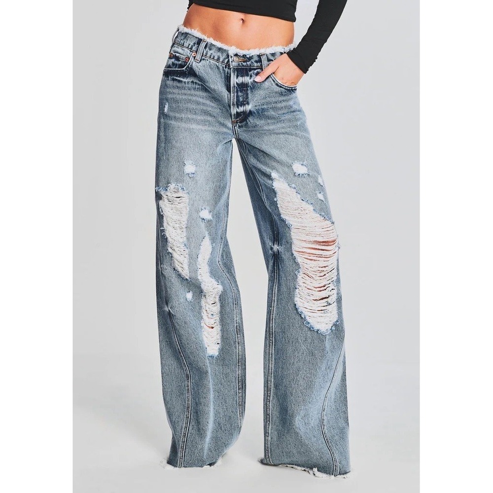 SER.O.YA Seroya Mountain Wide‎ Leg Jeans Womens Size 29 Sorrento Distressed Blue